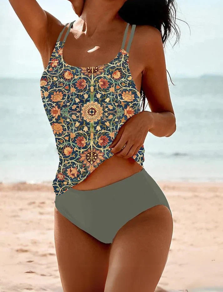 Bikini coprente per la pancia con motivo etnico – Tankini retrò a due pezzi per donna