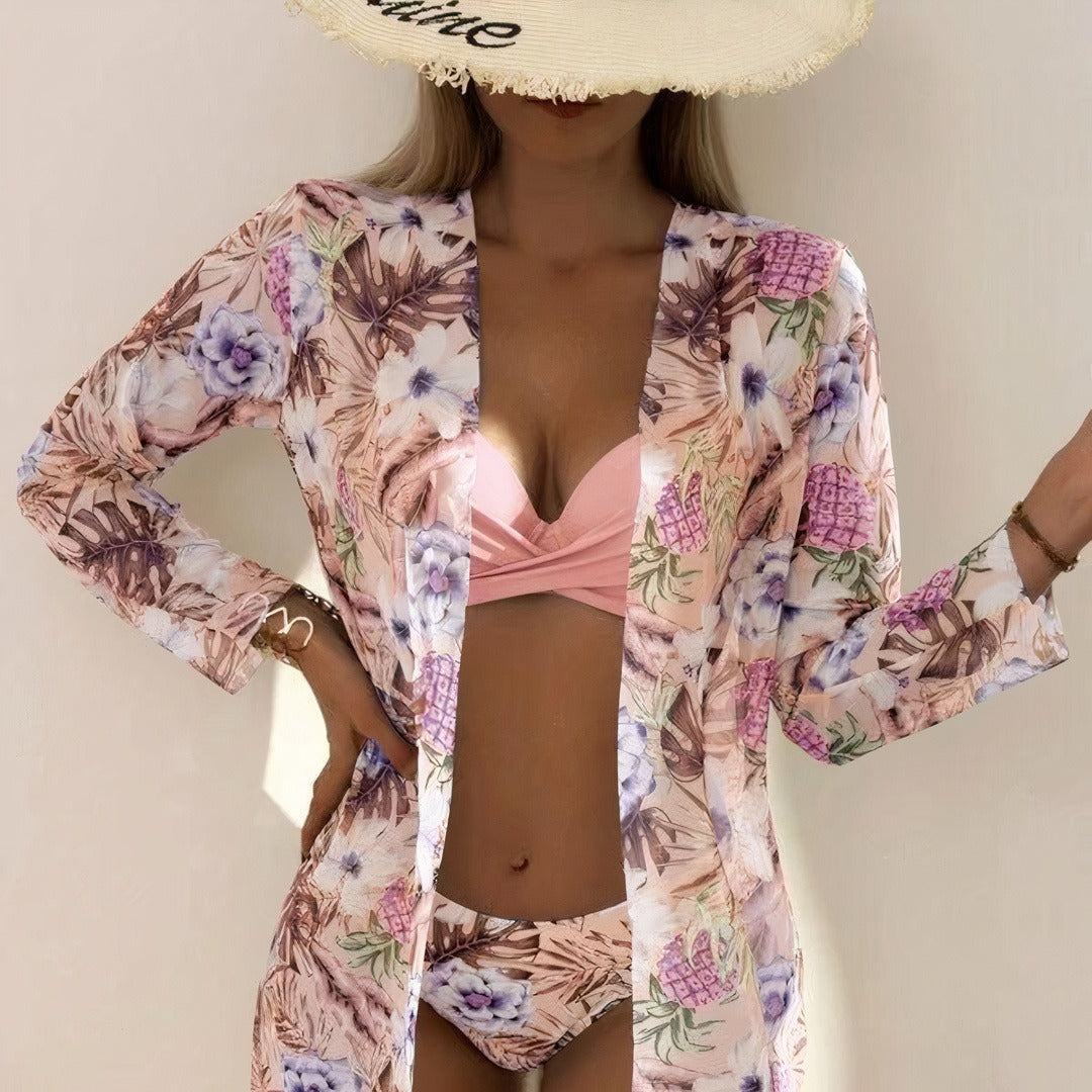 Set bikini donna 3 pezzi con motivo tropicale – Include cardigan, top bikini e pantaloni per estate e spiaggia