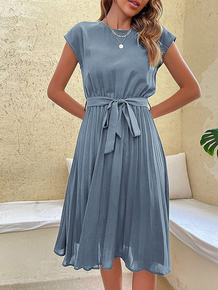 Abito plissé da donna con cintura – Abito estivo al ginocchio con scollo rotondo e gonna a pieghe – Elegante per ufficio e vita quotidiana