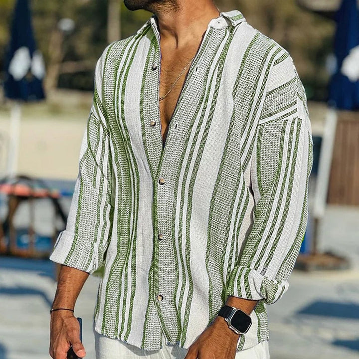 Chemise en lin pour homme avec motif à rayures – Chemise d'été décontractée avec patte de boutonnage et manches longues – Look plage & loisirs