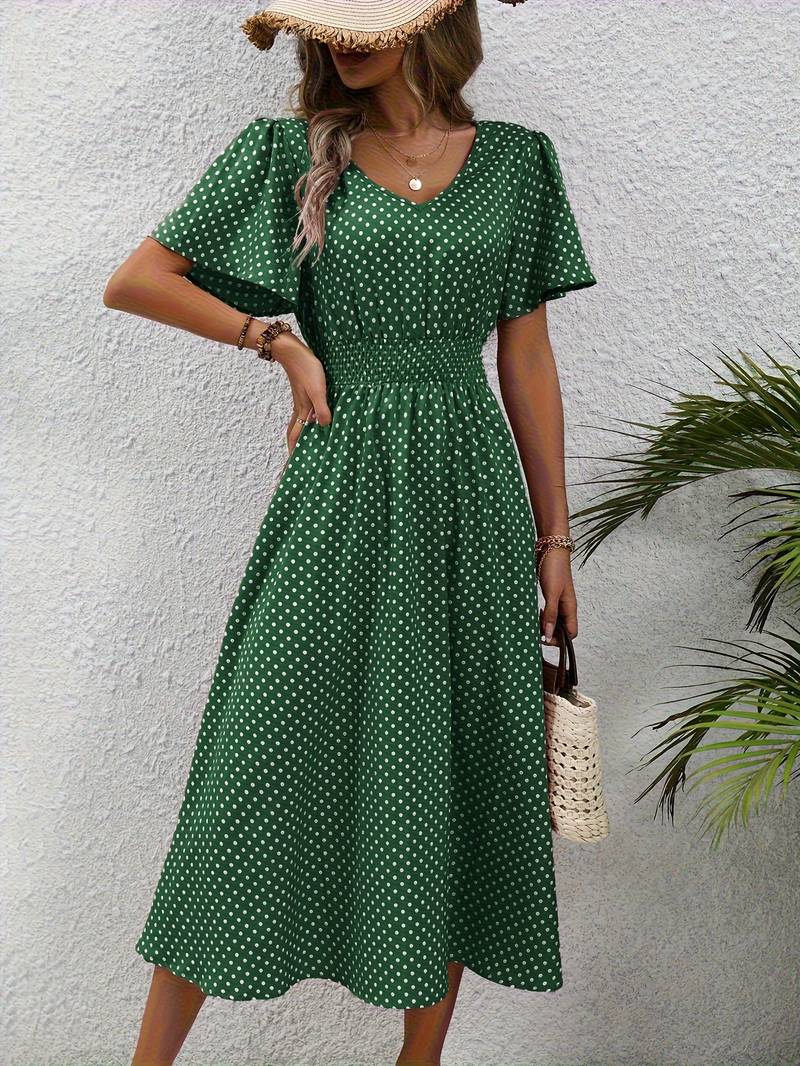 Abito midi da donna con pois e coulisse – Abito estivo arioso con scollo a V e maniche corte