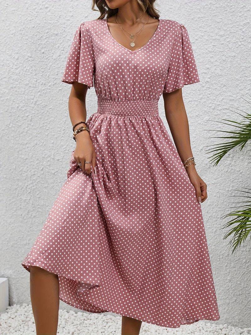 Abito midi da donna con pois e coulisse – Abito estivo arioso con scollo a V e maniche corte