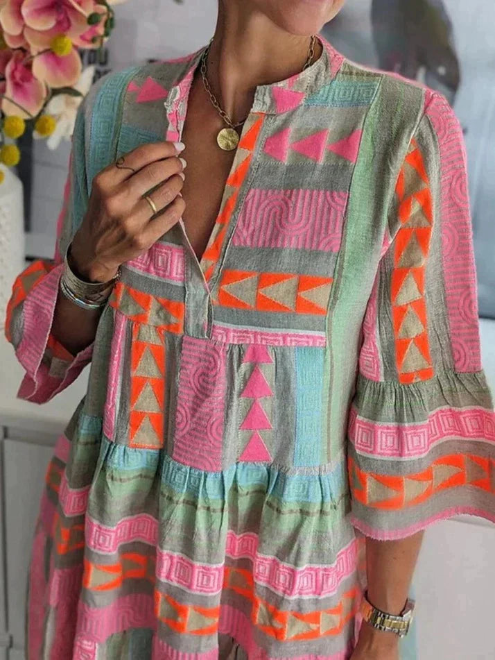 Tunica boho da donna con motivo geometrico – Abito estivo ampio con maniche 3/4