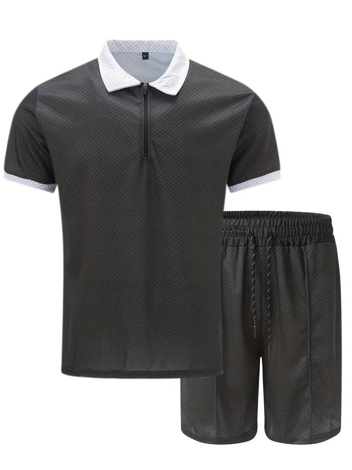 Herren Sommer Set mit Reißverschluss-Poloshirt & Shorts – Zweiteiliges Outfit mit Muster für Urlaub, Freizeit & Strand