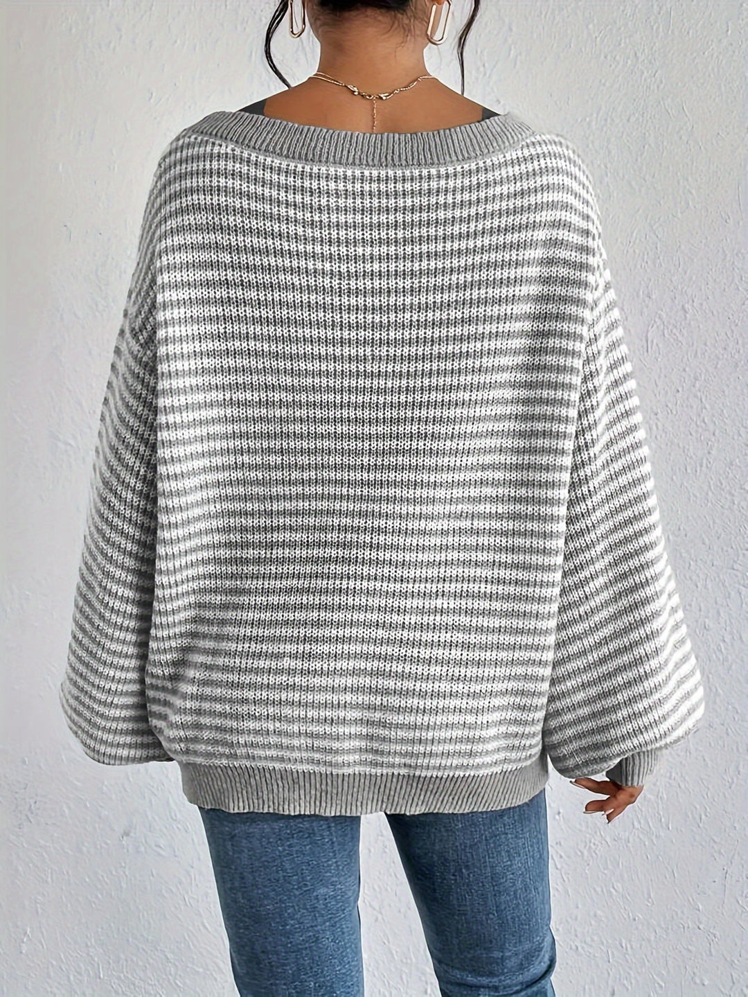 Vintage Schulterfreier Baumwollpullover mit Streifen, elastischem Stoff und Rundhalsausschnitt Pullover Damen | Ideal für Frühling