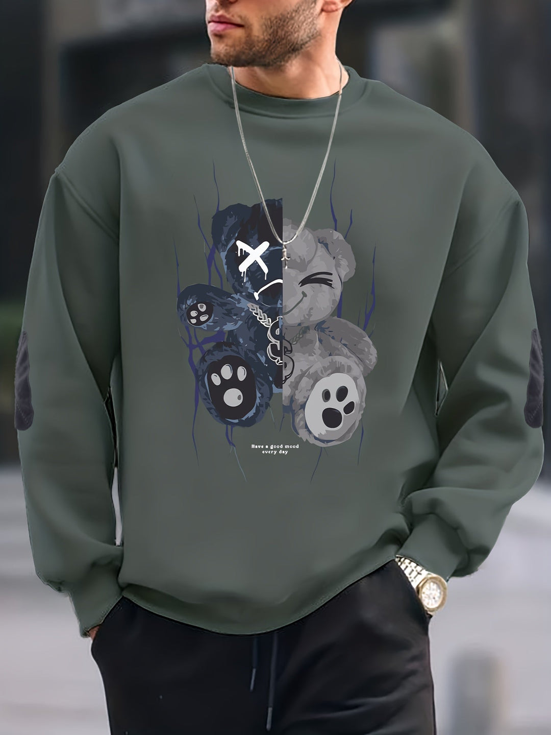 Oversize Sweatshirt mit Bärenmotiv – Streetwear Pullover für Herren mit Print “Have a Good Mood Every Day”