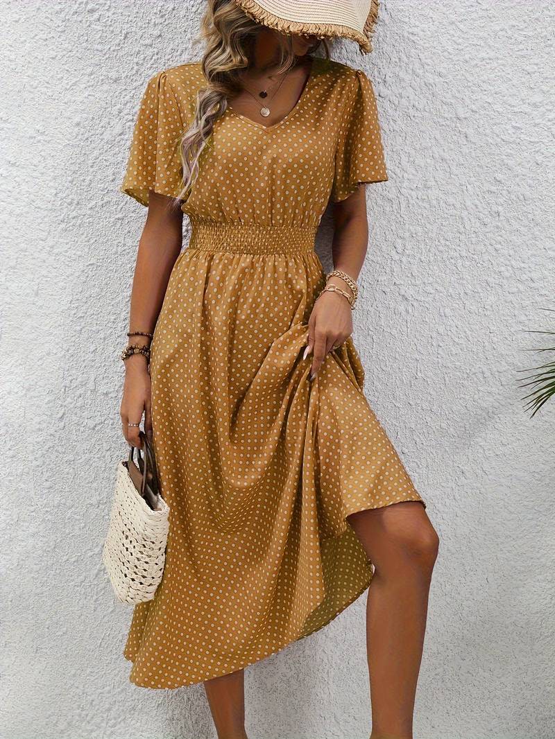 Abito midi da donna con pois e coulisse – Abito estivo arioso con scollo a V e maniche corte