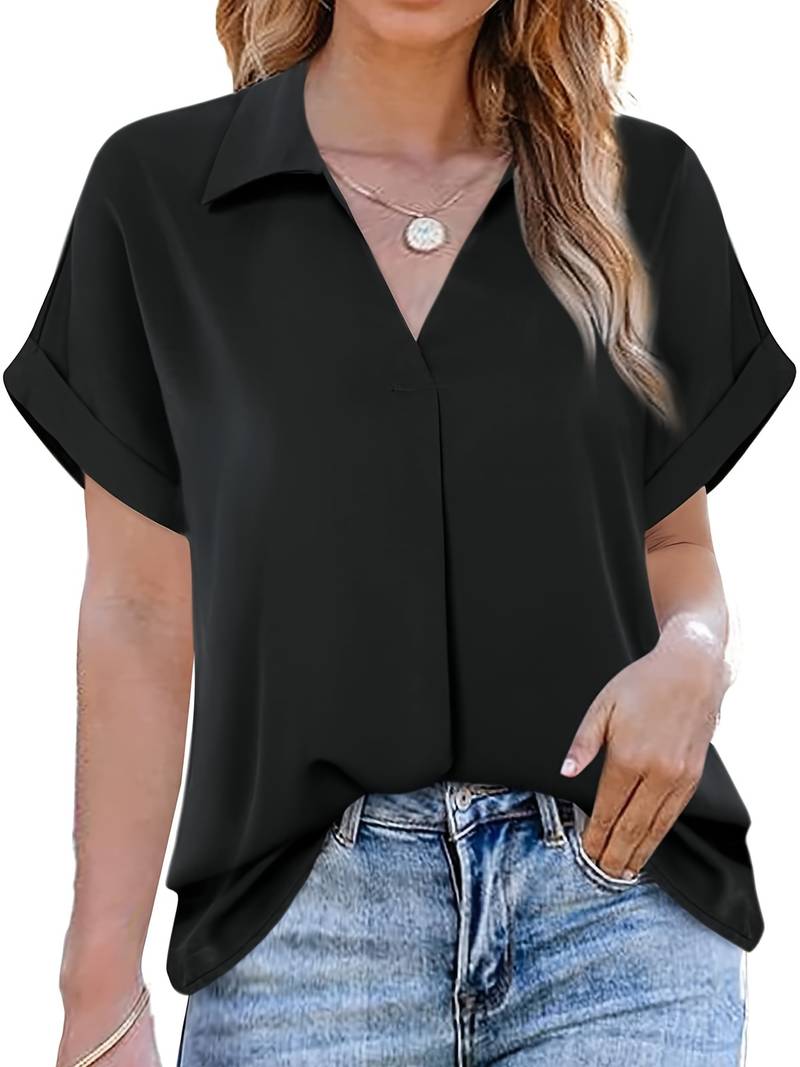 Camicia da donna taglio più ampio con scollo a V e colletto – Maglietta a maniche corte per ufficio e tempo libero