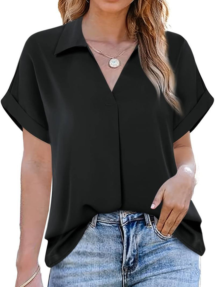 Camicia da donna taglio più ampio con scollo a V e colletto – Maglietta a maniche corte per ufficio e tempo libero