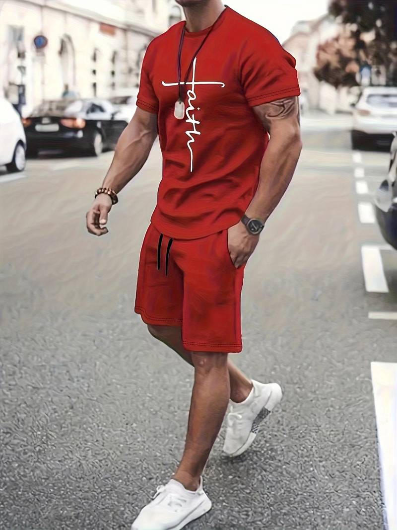 Ensemble d'été homme avec imprimé « Faith » – T-shirt sportif et short ensemble deux pièces pour loisirs et fitness