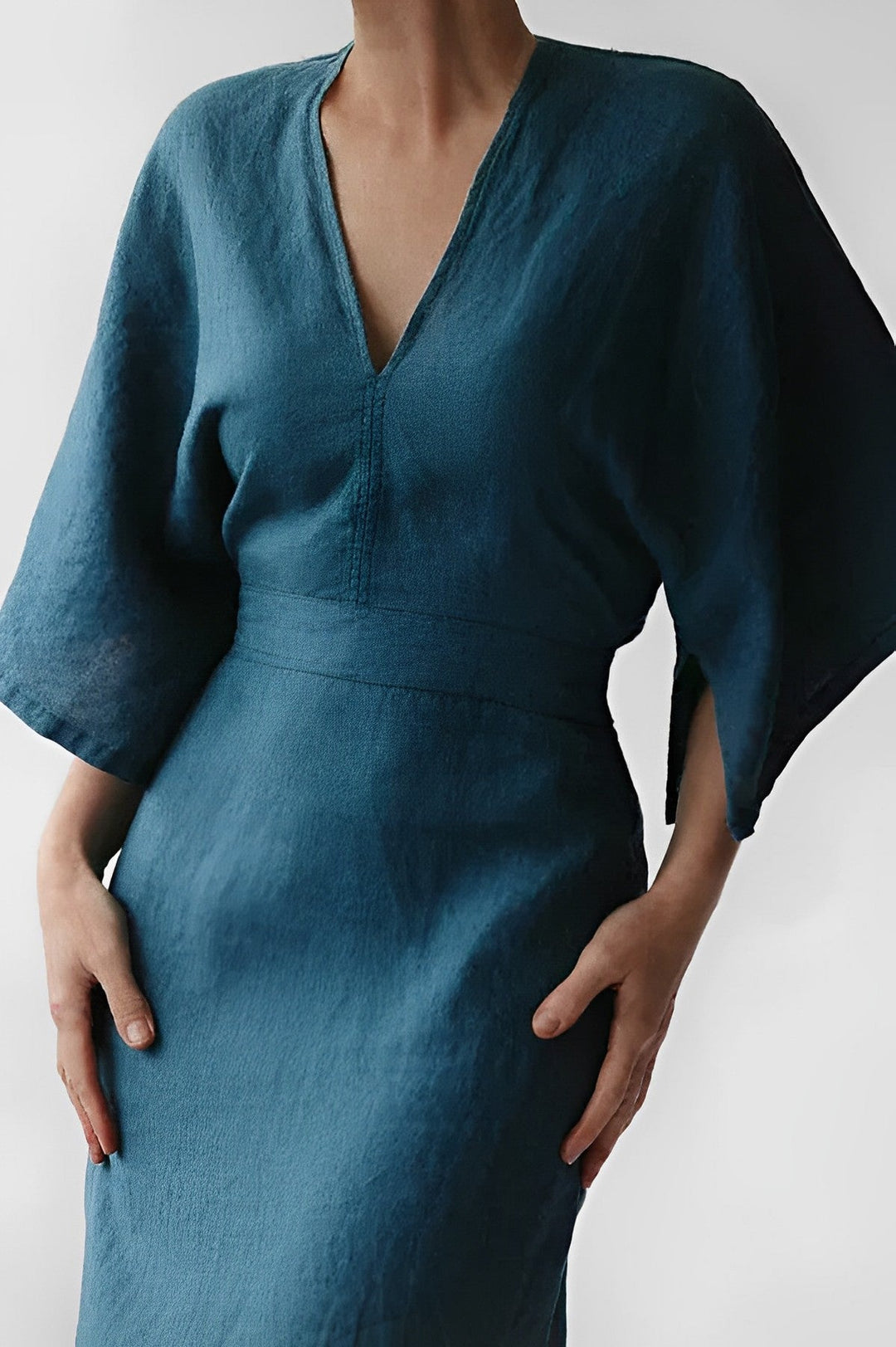 Vestito leggero da donna con scollo a V – Abito midi stile lino ampio con manica larga