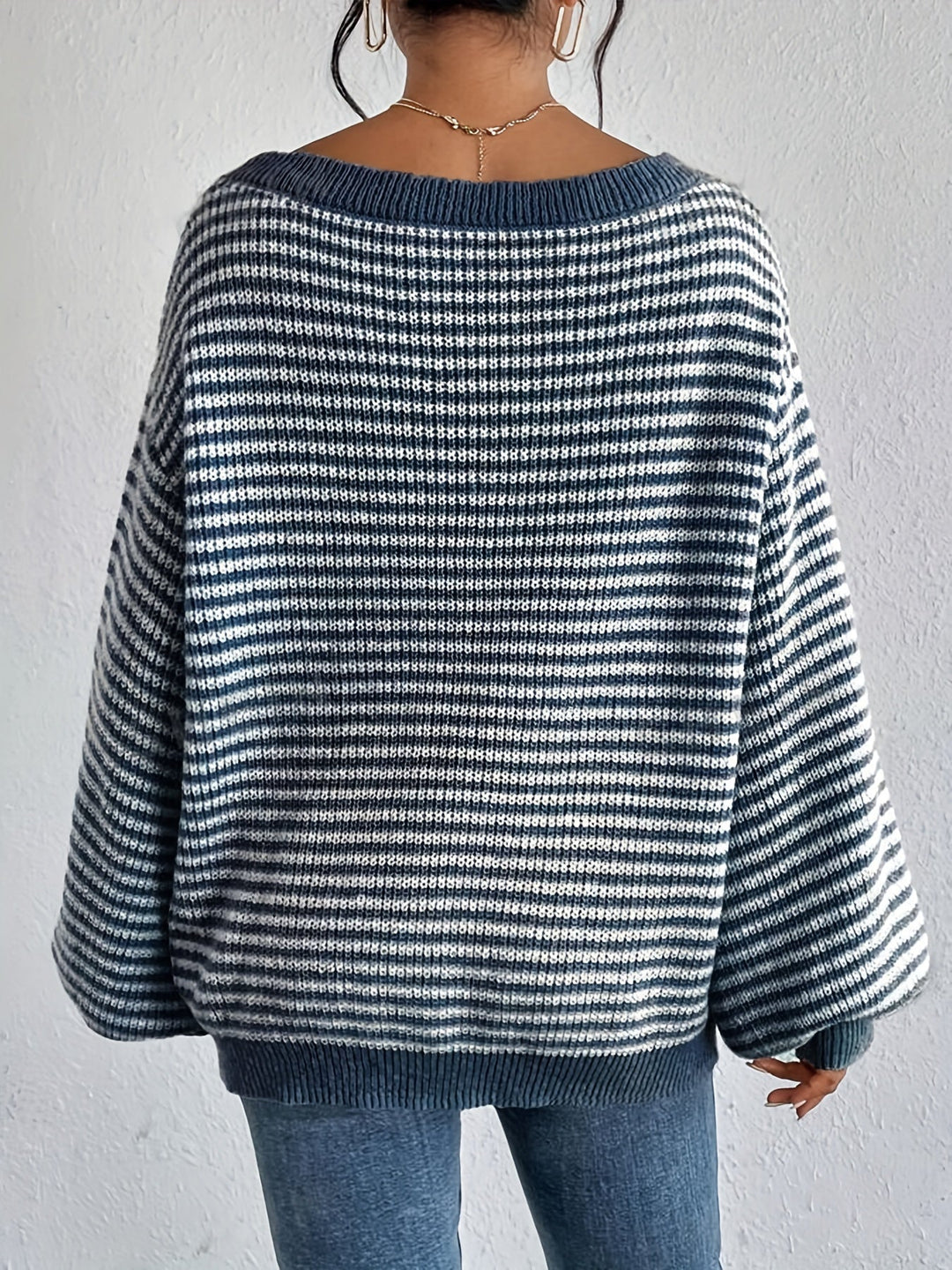 Vintage Schulterfreier Baumwollpullover mit Streifen, elastischem Stoff und Rundhalsausschnitt Pullover Damen | Ideal für Frühling