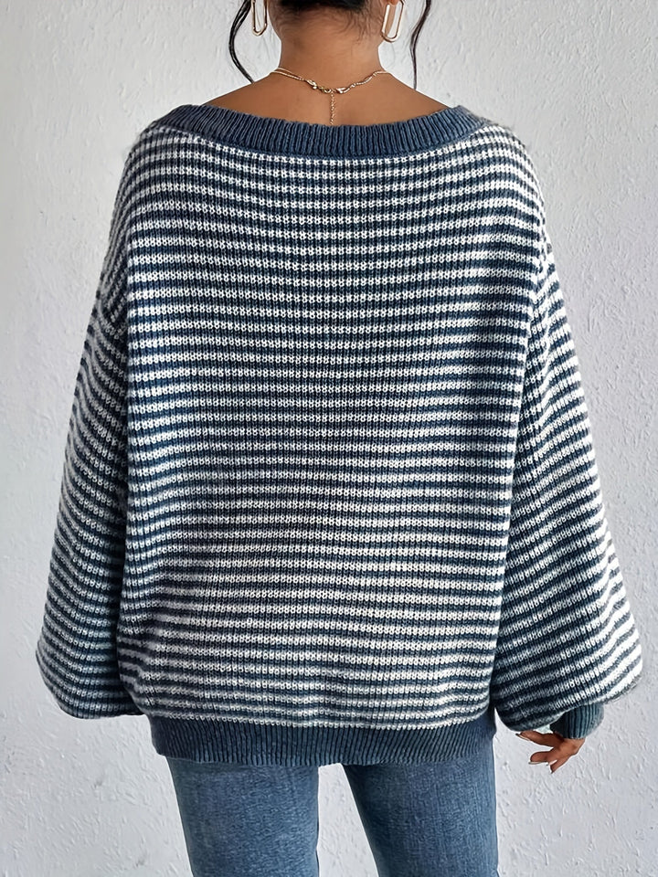 Vintage Schulterfreier Baumwollpullover mit Streifen, elastischem Stoff und Rundhalsausschnitt Pullover Damen | Ideal für Frühling