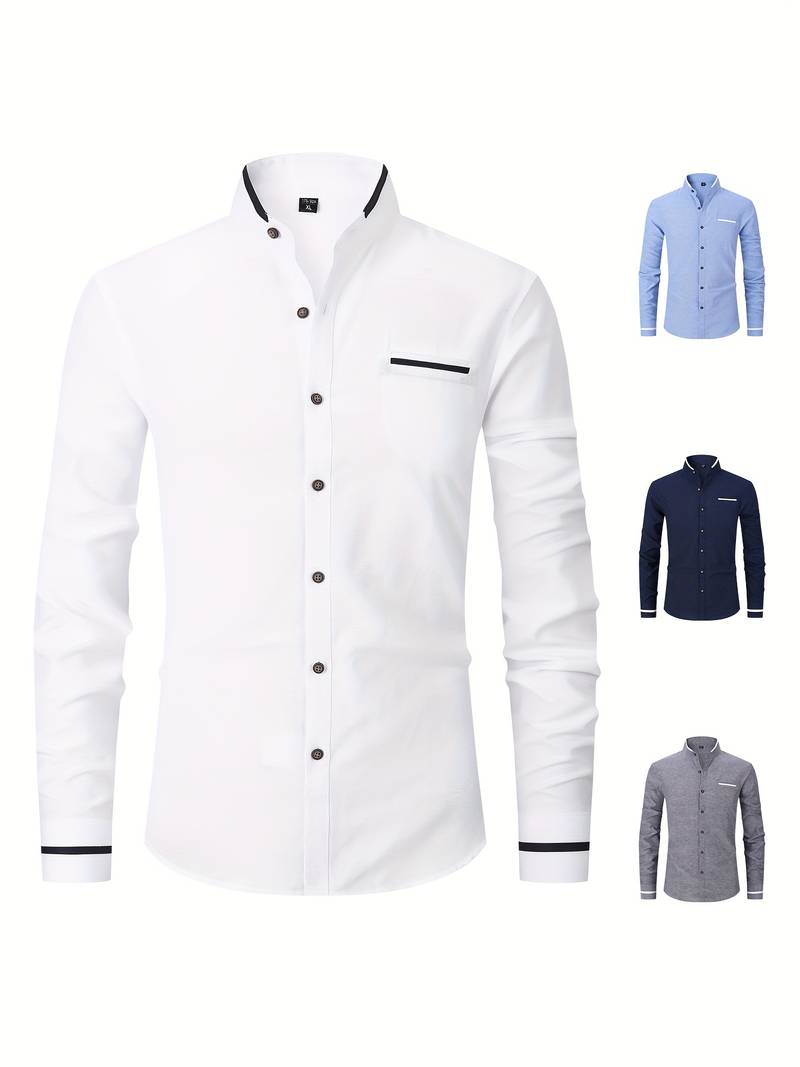 Chemise homme avec détails contrastés et col montant – Chemise à manches longues moderne pour affaires, quotidien et smart casual