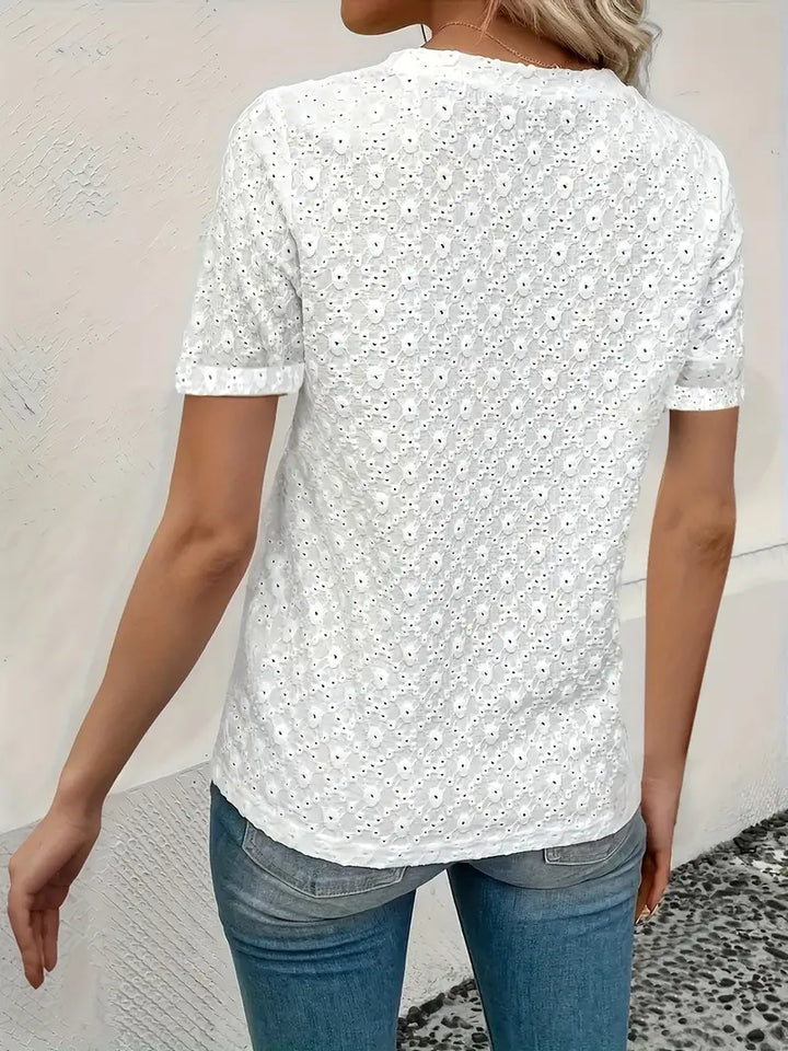 T-shirt da donna con ricamo in pizzo – maglietta femminile a maniche corte con scollo rotondo per estate, quotidiano e tempo libero