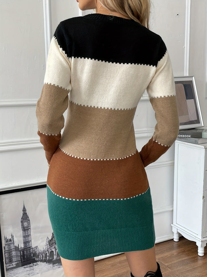 Robe formelle élégante en coton à manches longues avec bloc de couleur et col rond pour femmes | Idéal pour les occasions formelles