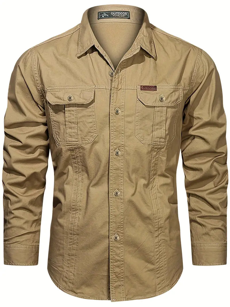 Chemise de plein air pour hommes – Chemise à manches longues robuste en coton avec poches poitrine et patte de boutonnage