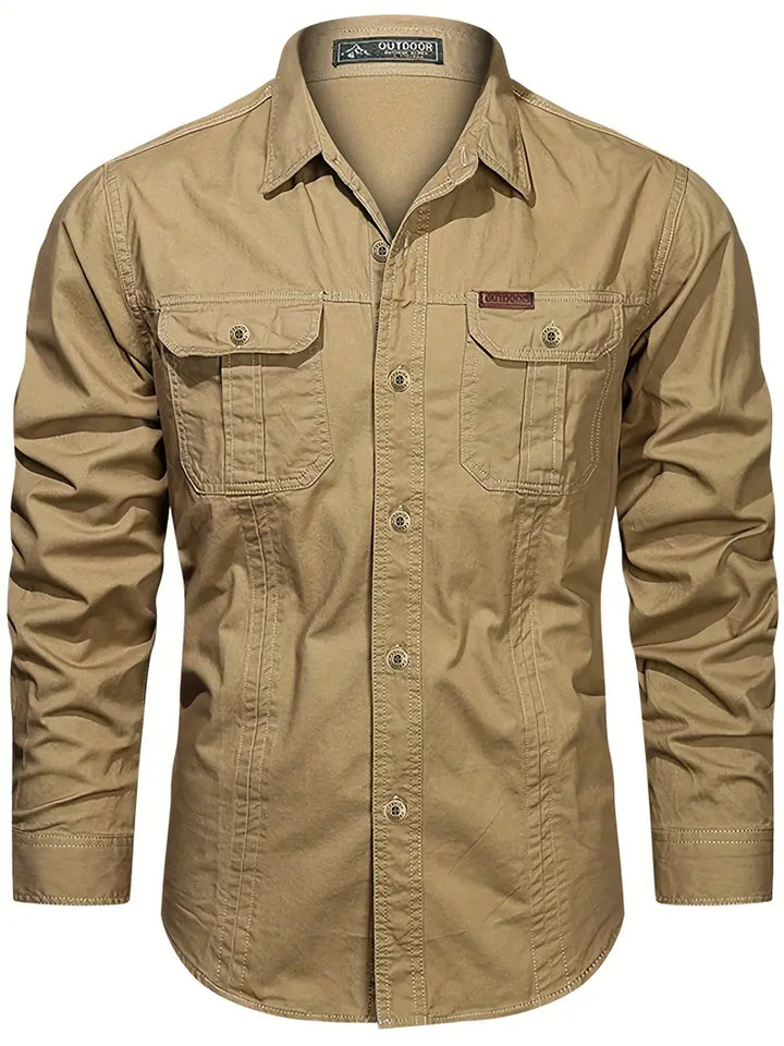 Chemise de plein air pour hommes – Chemise à manches longues robuste en coton avec poches poitrine et patte de boutonnage
