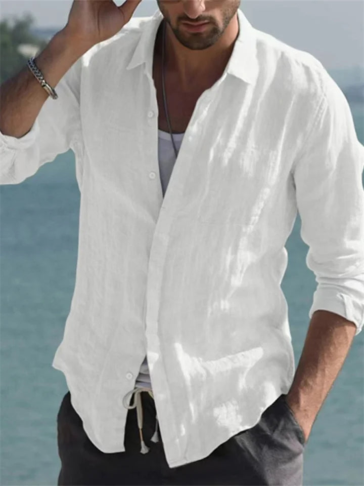 Chemise légère pour homme en mélange de lin – Chemise d'été à manches longues avec patte de boutonnage pour vacances, quotidien & looks de plage