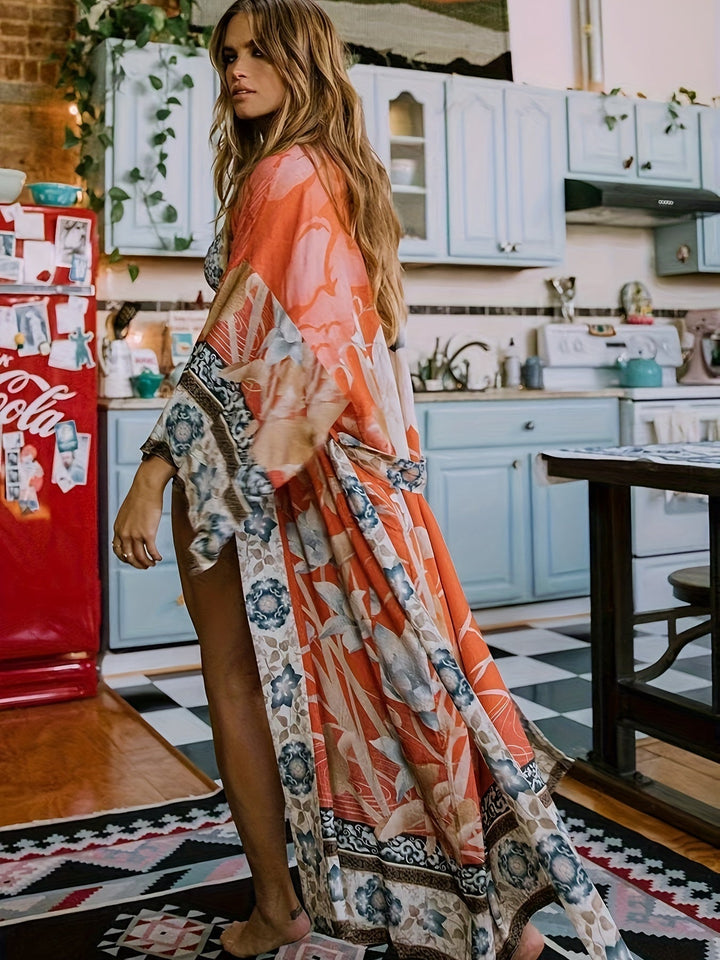 Kimono lungo con motivo floreale – Abito lungo boho con cintura e taglio ampio