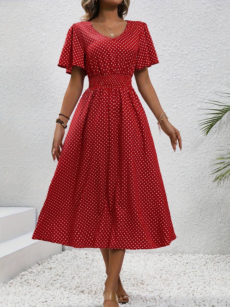 Abito midi da donna con pois e coulisse – Abito estivo arioso con scollo a V e maniche corte