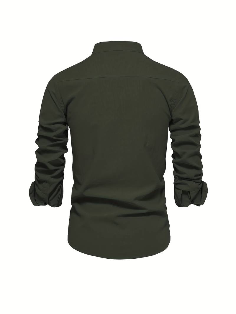 Chemise homme avec col montant – Chemise décontractée à manches longues avec patte de boutonnage pour affaires, quotidien & tenues smart casual