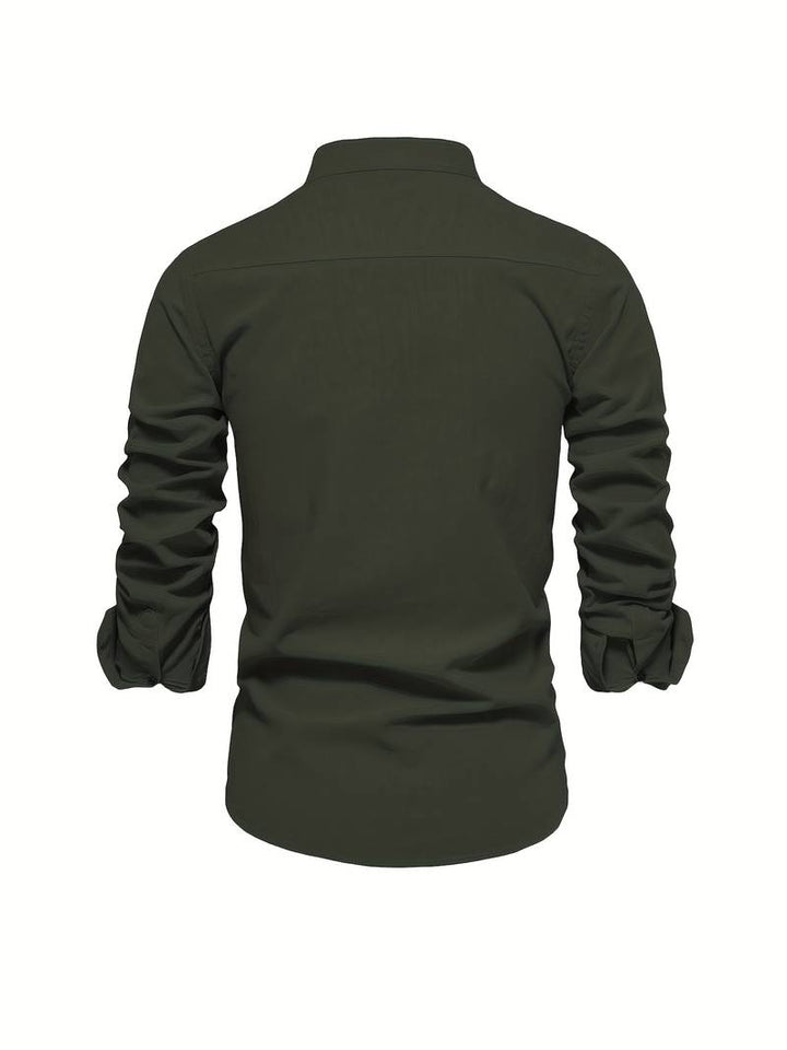 Chemise homme avec col montant – Chemise décontractée à manches longues avec patte de boutonnage pour affaires, quotidien & tenues smart casual