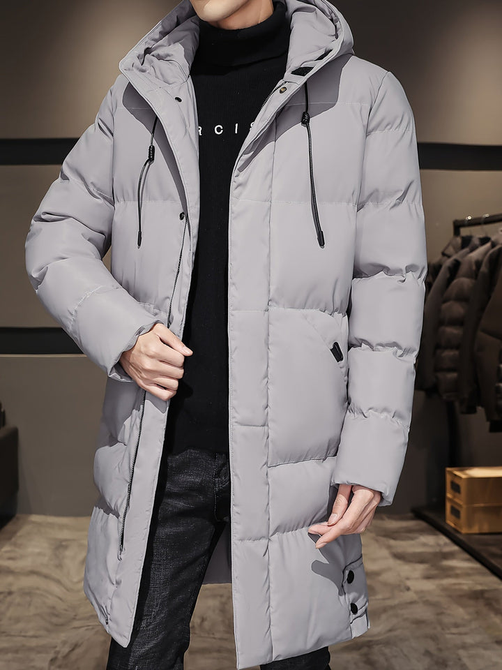 Veste longue noire chaude matelassée avec capuche en coton pour homme | Parfaite pour les activités de plein air