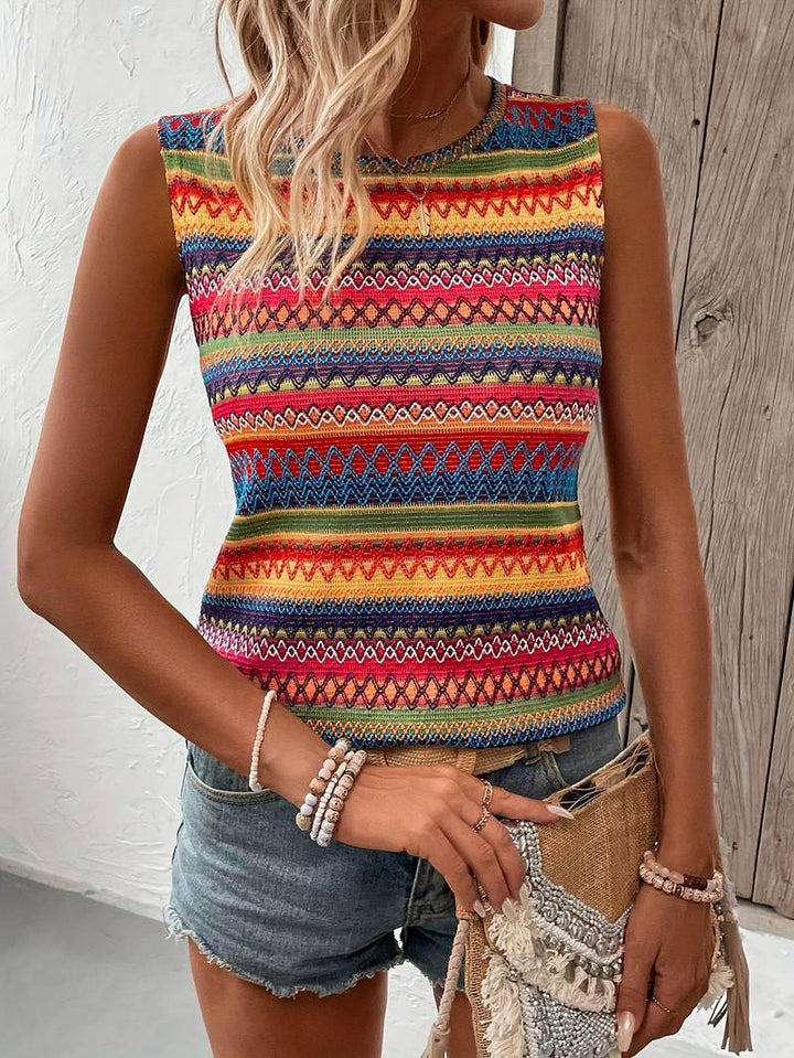 Top donna senza maniche in design etnico a maglia – Canotta boho con scollo rotondo – Top estivo per festival, vacanze e tempo libero