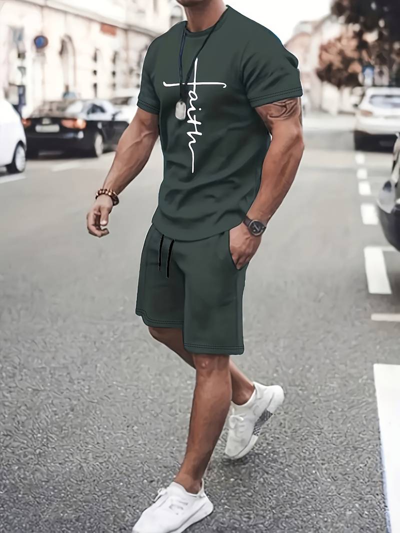Ensemble d'été homme avec imprimé « Faith » – T-shirt sportif et short ensemble deux pièces pour loisirs et fitness