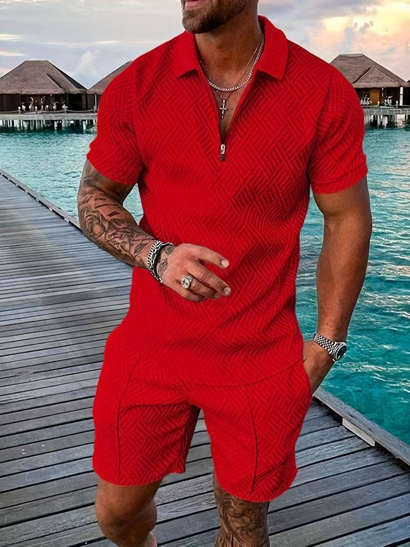 Herren Sommer Set mit Reißverschluss-Poloshirt & Shorts – Zweiteiliges Outfit mit Muster für Urlaub, Freizeit & Strand