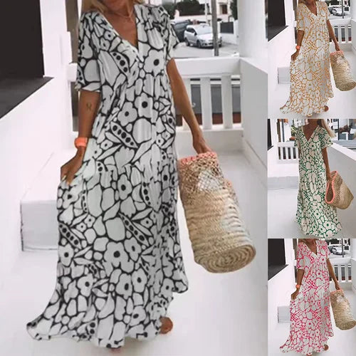Abito lungo donna con stampa floreale – Abito estivo arioso con scollo a V e maniche corte per vacanze e spiaggia