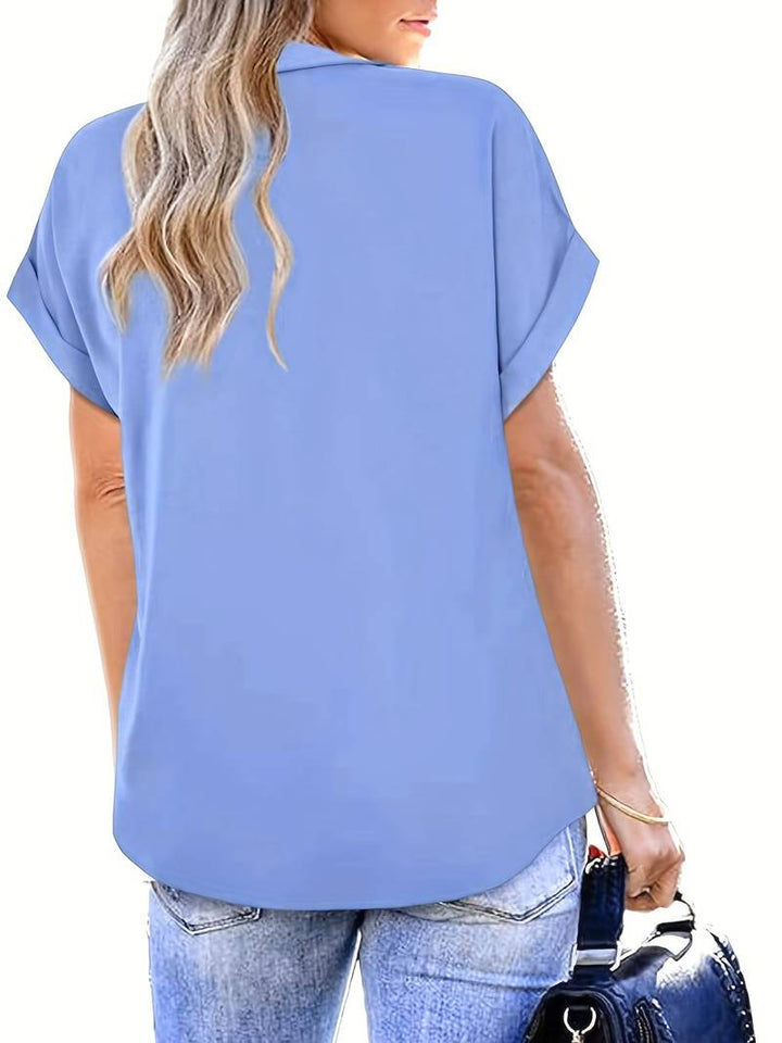 Camicia da donna taglio più ampio con scollo a V e colletto – Maglietta a maniche corte per ufficio e tempo libero