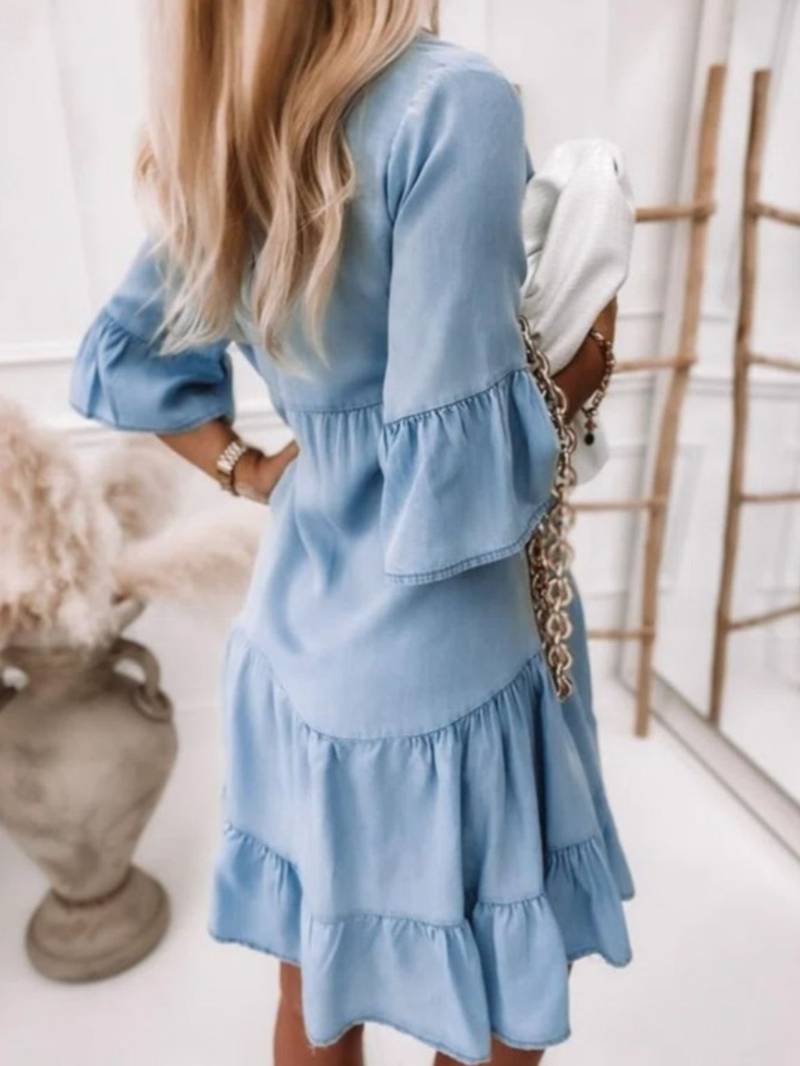 Lässiges Damen Hemdblusenkleid mit Knopfleiste – Lockeres Stufenkleid mit V-Ausschnitt und 3/4-Ärmeln – Sommerkleid für Alltag & Urlaub