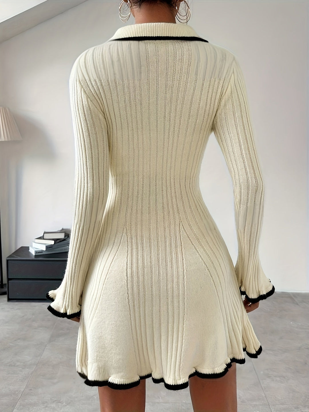 Lässig Farbblock Salat Besatz A-Linie Knopf Vorderseite Schlag Ärmel Gerippt Pullover Formelles Kleid Für Frauen | Für formelle Anlässe