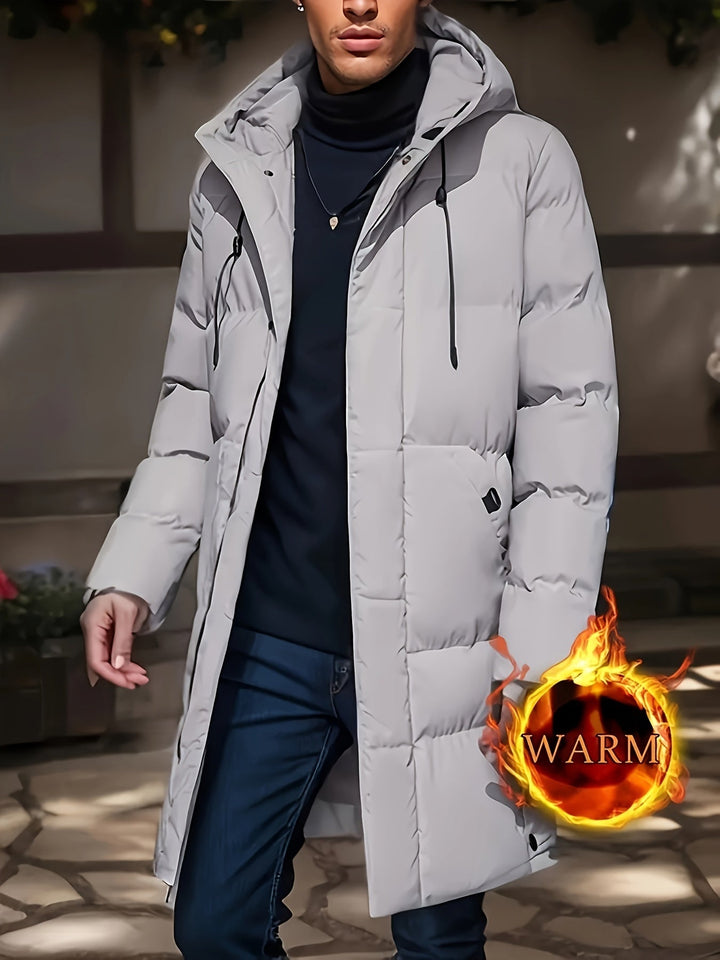 Veste longue noire chaude matelassée avec capuche en coton pour homme | Parfaite pour les activités de plein air