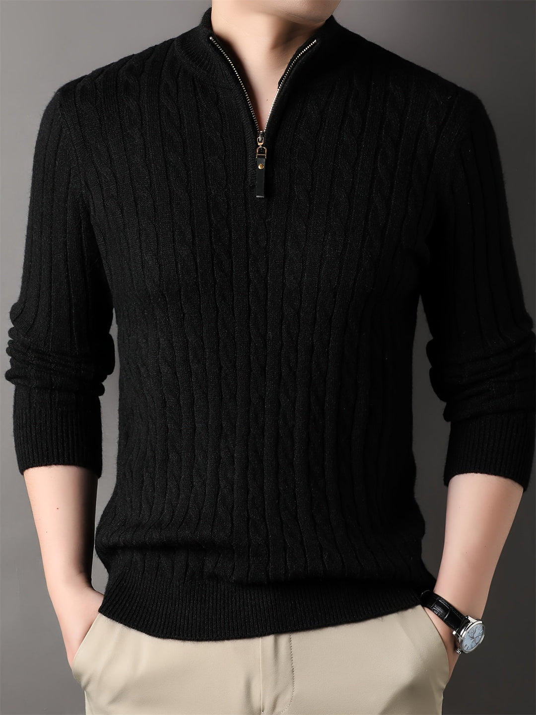 Donnell - Pull décontracté pour homme en tricot torsadé avec fermeture éclair