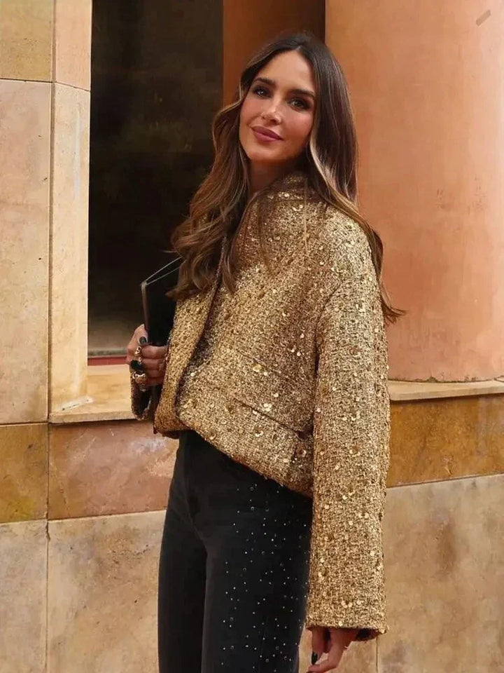 Veste bouclée carrée avec paillettes & coupe oversize – style blazer à la mode pour tenues spéciales