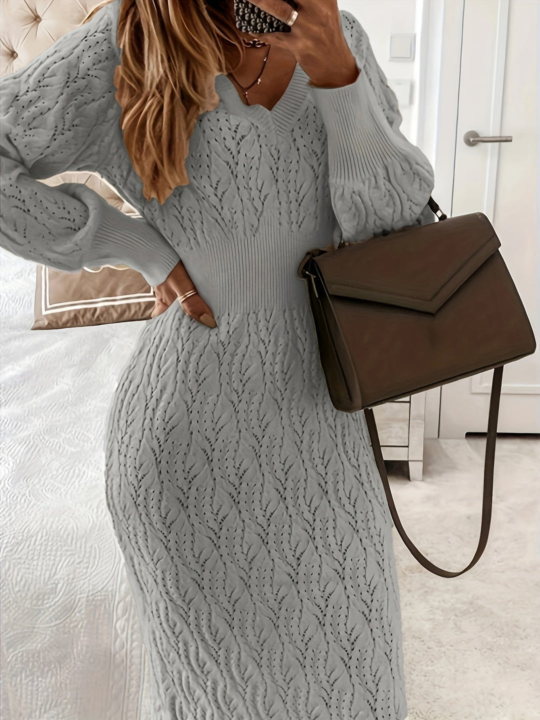 Pull-over décontracté en coton uni à trous col en V manches longues robe midi formelle pour dames | Idéal pour les occasions formelles