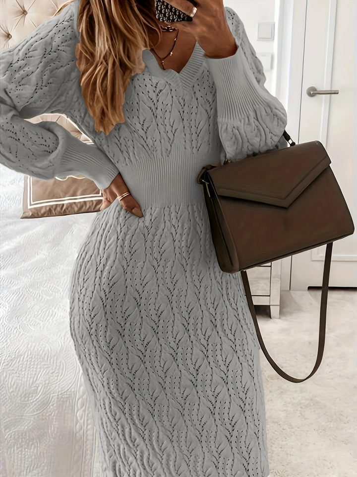 Pull-over décontracté en coton uni à trous col en V manches longues robe midi formelle pour dames | Idéal pour les occasions formelles
