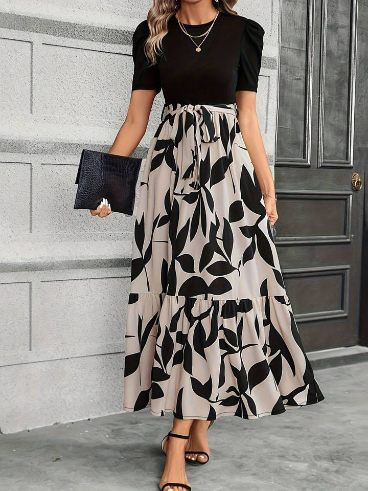Abito lungo da donna con cintura in vita – Elegante abito casual con stampa foglie per tutti i giorni, ufficio e occasioni estive