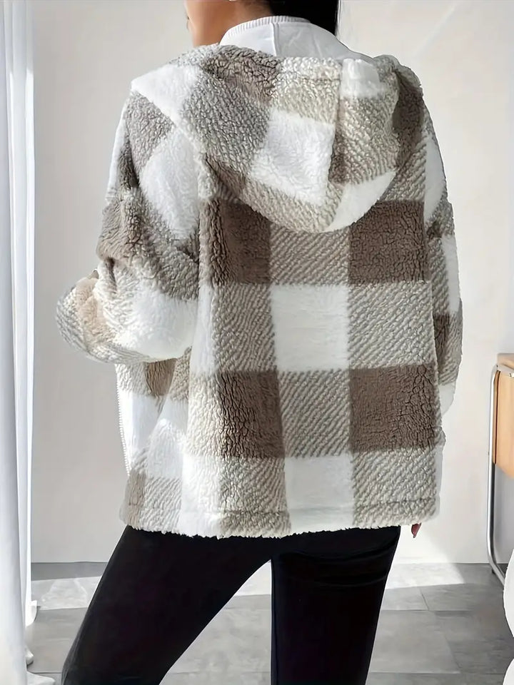 Veste douillette pour femmes avec capuche – à carreaux et duveteuse avec fermeture éclair