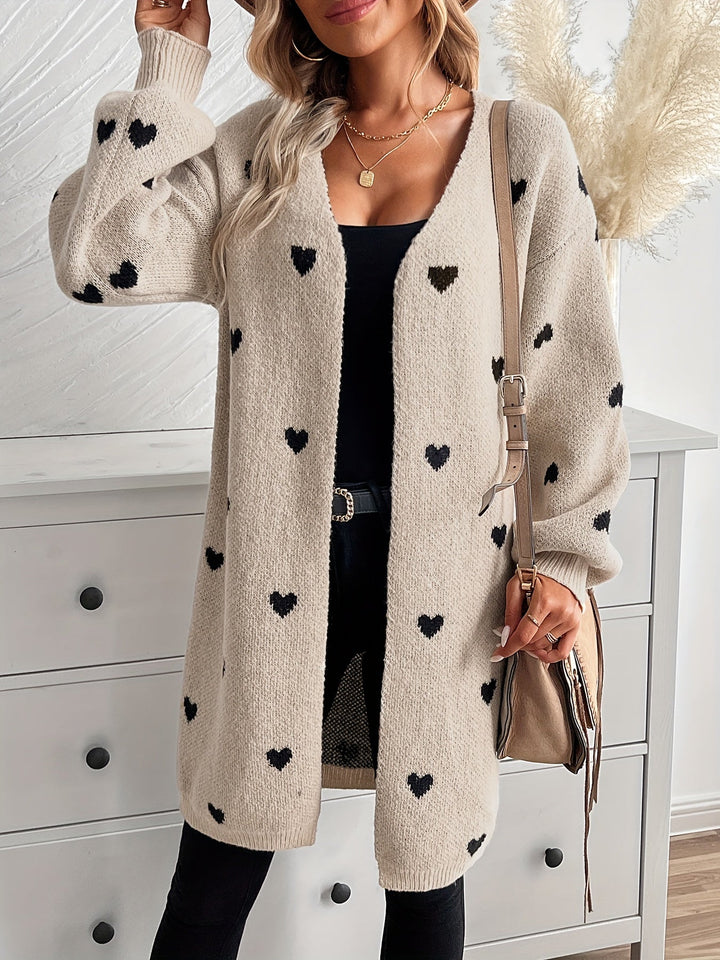Cardigan in lana elegante con motivo a cuore e lunghezza lunga per donna | Ideale per l'inverno