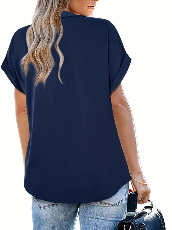 Camicia da donna taglio più ampio con scollo a V e colletto – Maglietta a maniche corte per ufficio e tempo libero