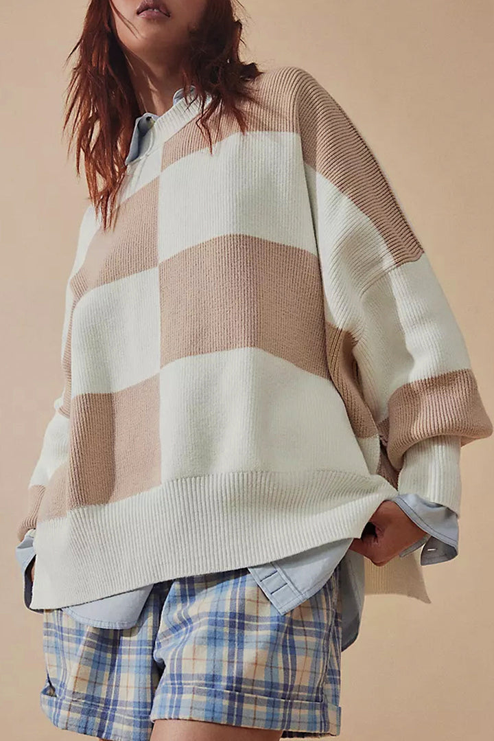 Klassischer Übergröße Strickpullover Mit Karomuster Für Frauen