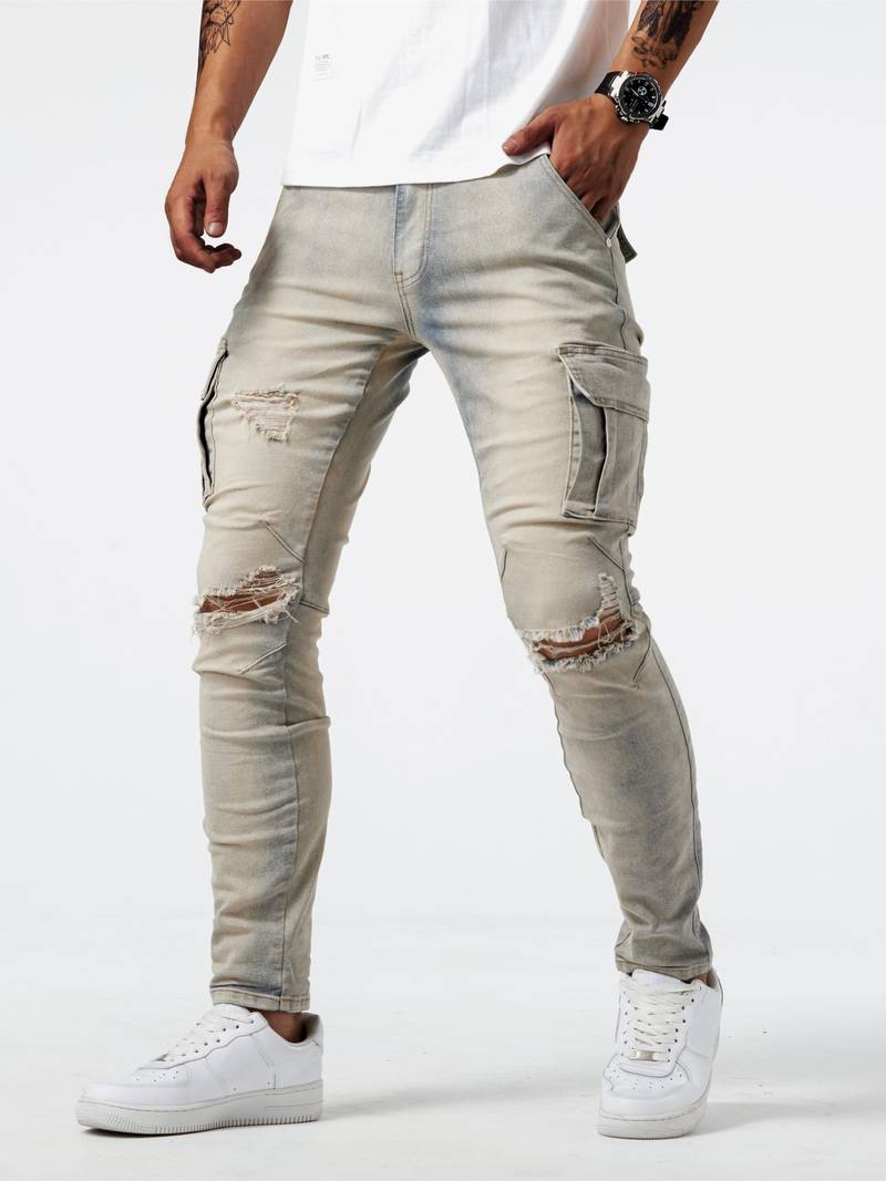 Herren Cargo Jeans Slim Fit mit Seitentaschen – Streetwear Hose für Freizeit & Alltag