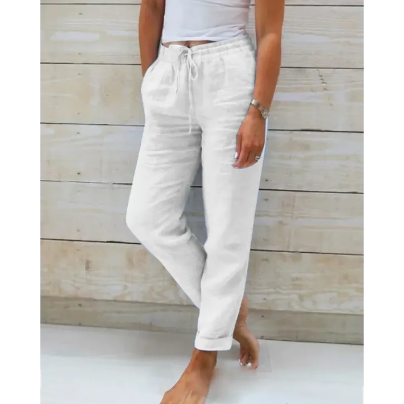 Pantalon en lin pour femmes avec ceinture élastique – Pantalon décontracté aéré avec cordon de serrage pour l'été, les vacances et le quotidien