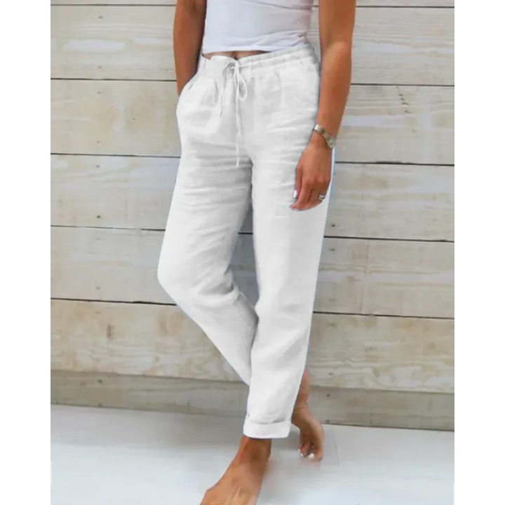 Pantalon en lin pour femmes avec ceinture élastique – Pantalon décontracté aéré avec cordon de serrage pour l'été, les vacances et le quotidien