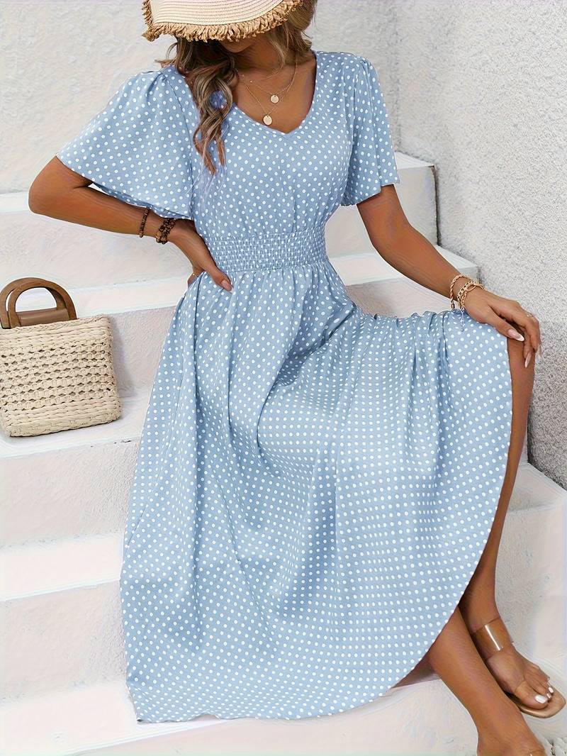 Abito midi da donna con pois e coulisse – Abito estivo arioso con scollo a V e maniche corte