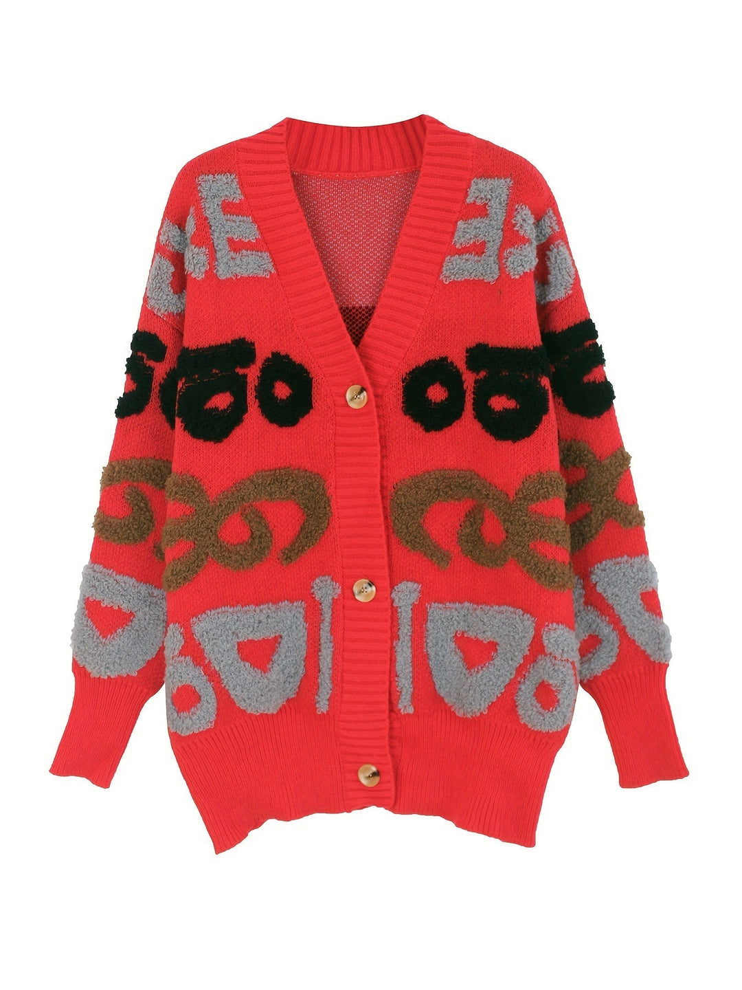 Lässiger Buchstabenmuster Knopf Unten Strickjacke Für Damen | Perfekt für lässige Tage